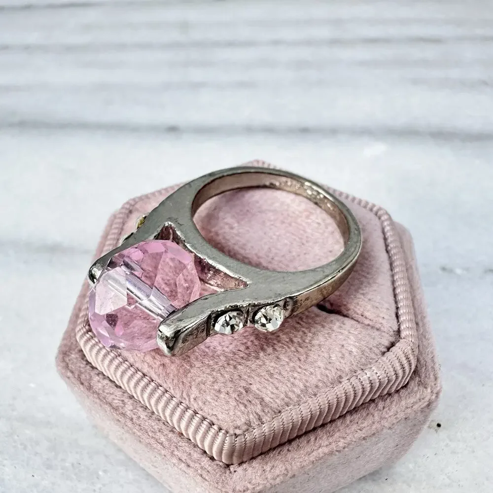 Spinner Cocktail Ring Pink Glass Faceted Gem Silver Tone Spinning Fidget Sz 8.5